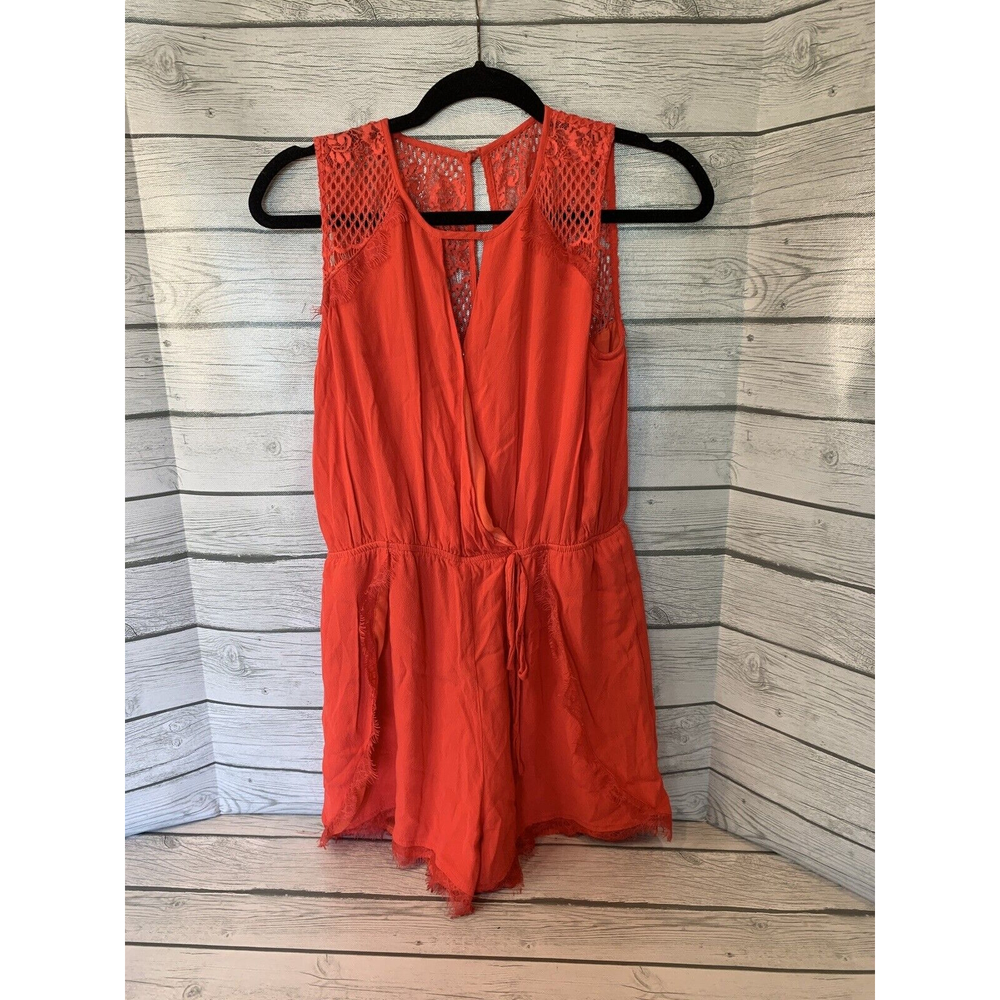 Boho Red Romper sz 2/4 Lined Lace Crochet Details Sleeveless V Neck Tie Waist